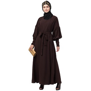 Elegant abaya with long cuff sleeves- Brown